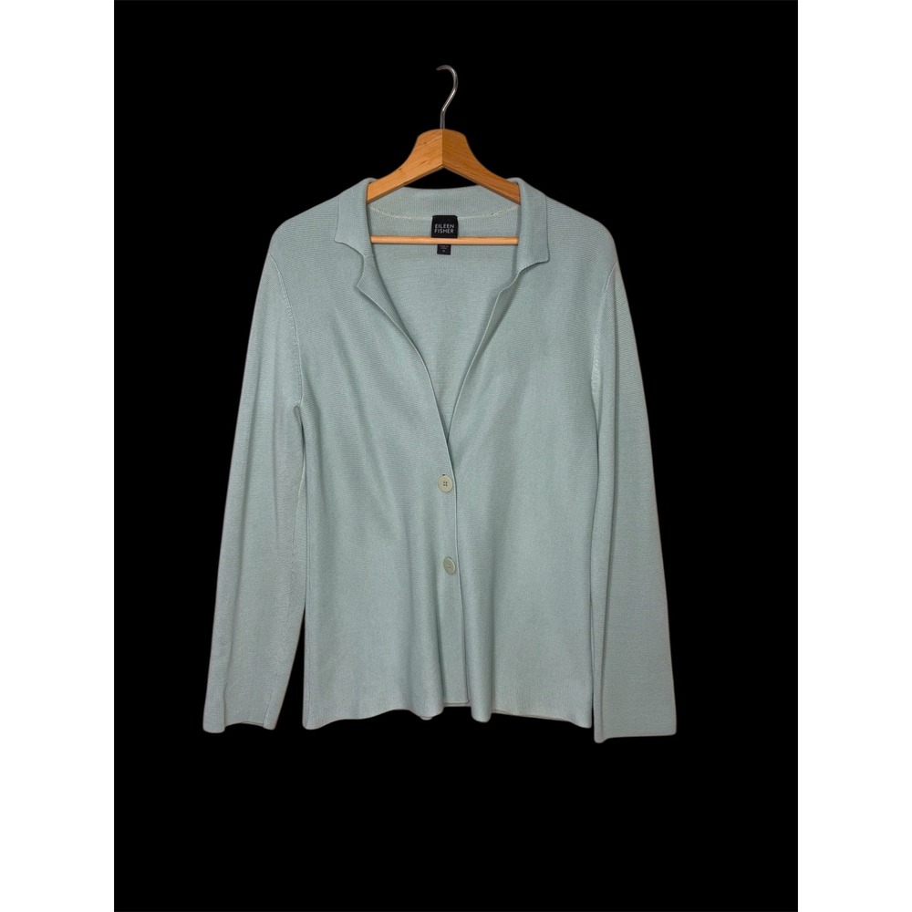 Eileen Fisher Silk Cotton Knit Sweater Jacket Blue Green Button Front Womens M